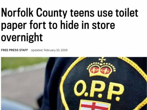 加拿大13岁男女躲在超市厕纸堆里度过激情一夜……