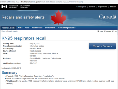 加拿大KN95召回企业,没有一家出现在医保白名单