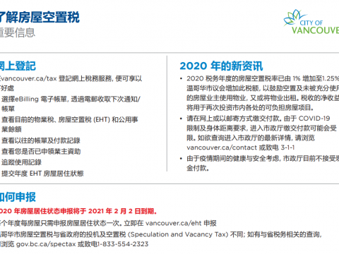 温馨提示:温哥华市持有房产的屋主需在明年2月2日前填表申报房产居住状态