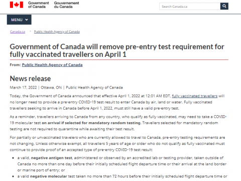 加拿大政府将于4月1日取消对完全接种疫苗的旅行者的入境前检测要求